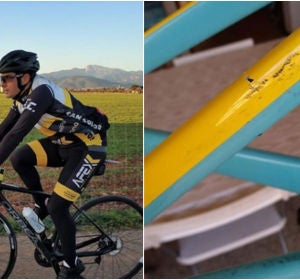 Carlos López enseña su bicicleta rota Carlos López enseña su bicicleta rota