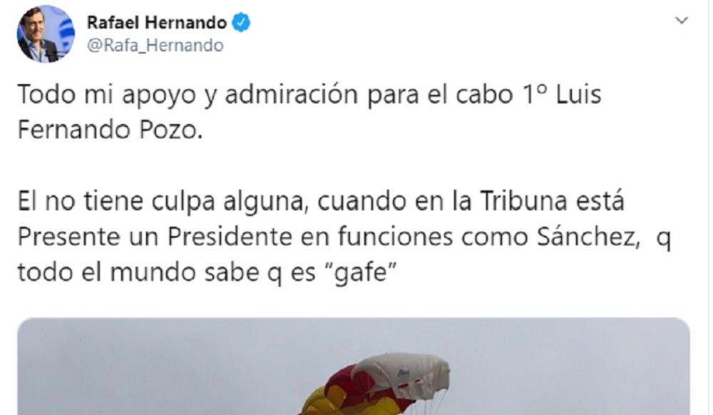 Rafael Hernando culpa al "gafe" de Sánchez del accidente del paracaidista Rafael Hernando culpa al "gafe" de Sánchez del accidente del paracaidista