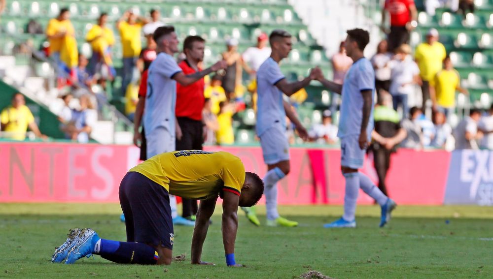 El jugador de Ecuador Darío Aimar se lamenta tras la derrota de su equipo ante Argentina,
