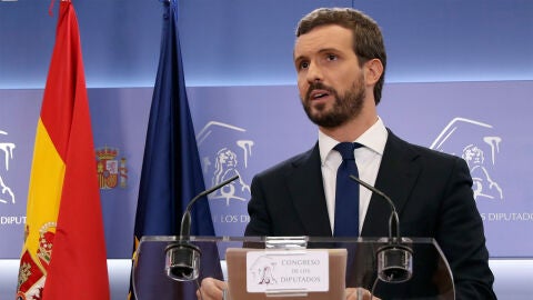Pablo Casado durante su comparecencia para valorar la sentencia del proc&eacute;s
