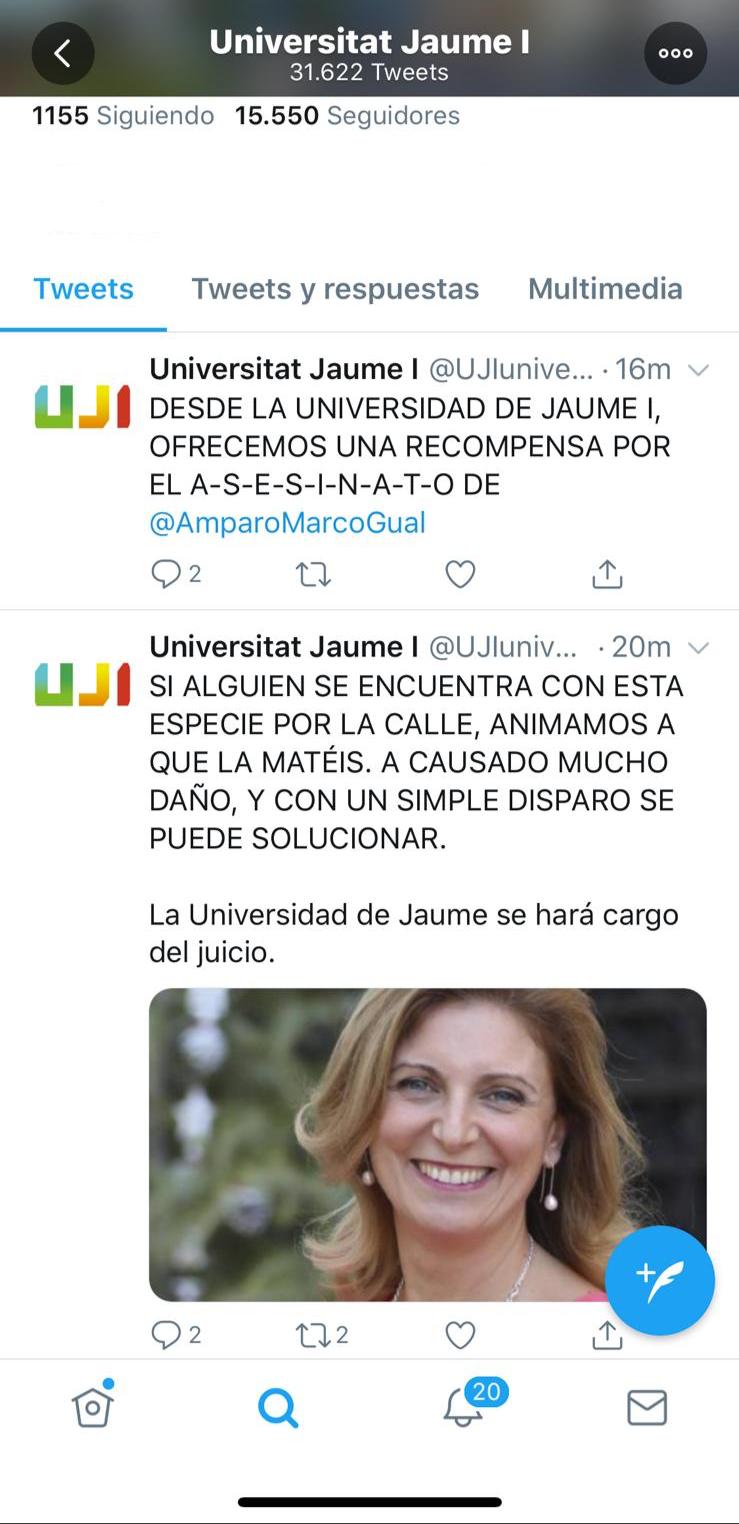 Hackean el Twitter de la Universitat Jaume I y amenazan de muerte a la alcaldesa de Castellón, Amparo Marco Hackean el Twitter de la Universitat Jaume I y amenazan de muerte a la alcaldesa de Castellón, Amparo Marco