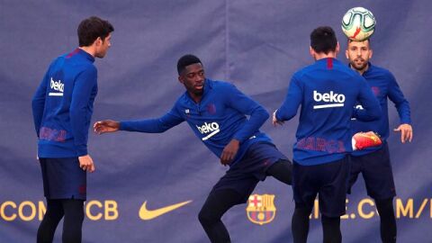 Dembele, en un entrenamiento del Barcelona. 