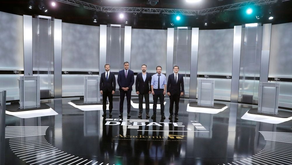 Los candidatos a la presidencia del Gobierno Pablo Casado, Pedro Sánchez, Santiago Abascal, Pablo Iglesias y Albert Rivera