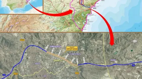 Plano del recorrido de la A-31 a su paso por Petrer. Plano del recorrido de la A-31 a su paso por Petrer.