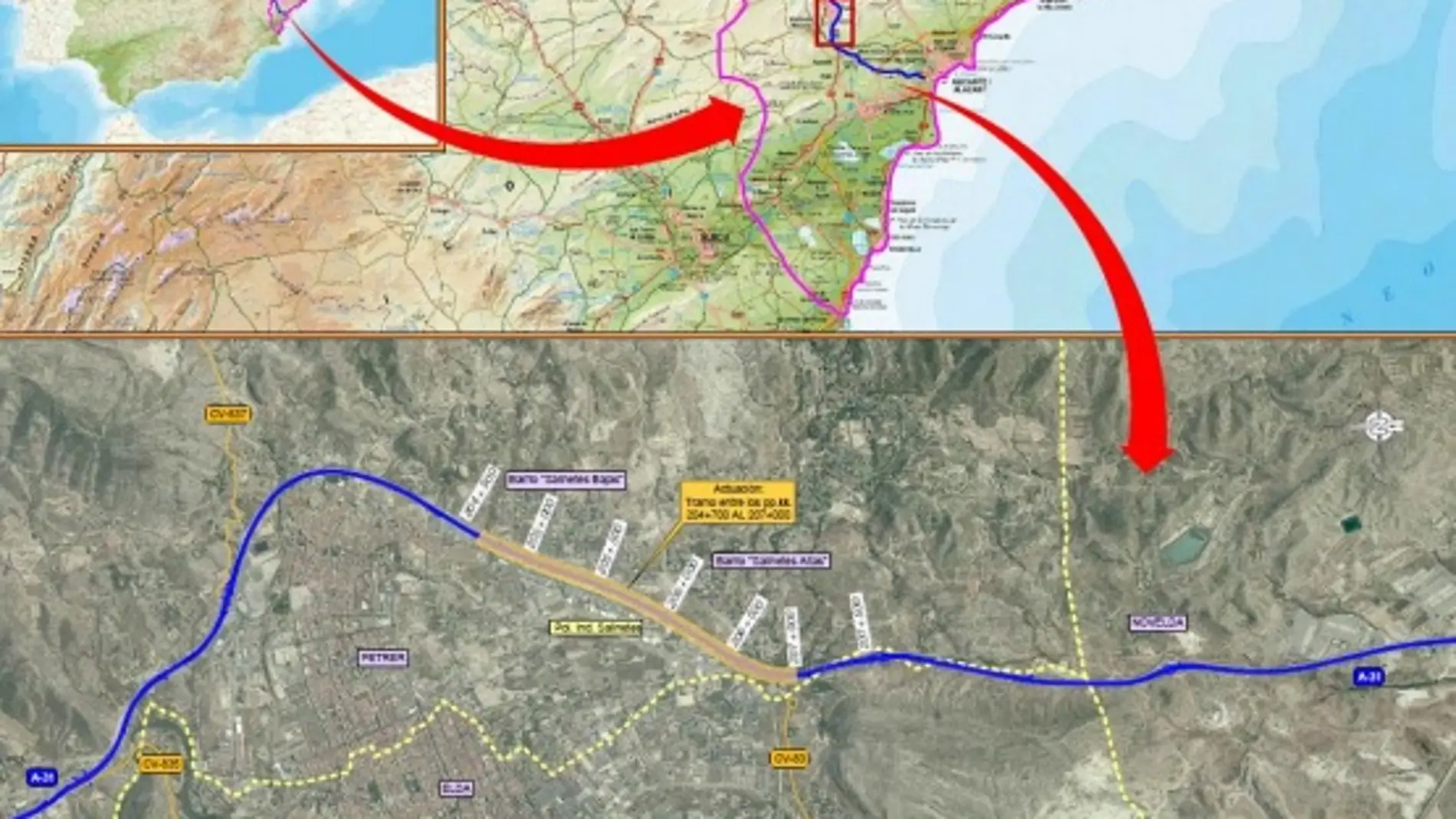 Plano del recorrido de la A-31 a su paso por Petrer.