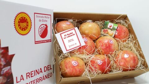 Cajas con granadas Mollar de Elche que se van a enviar desde la DOP. Cajas con granadas Mollar de Elche que se van a enviar desde la DOP.