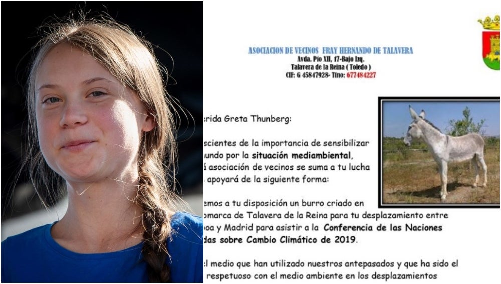 La Asociación de Vecinos 'Fray Hernando de Talavera' ofrece un burro a Greta Thunberg para viajar de Lisboa a Madrid La Asociación de Vecinos 'Fray Hernando de Talavera' ofrece un burro a Greta Thunberg para viajar de Lisboa a Madrid