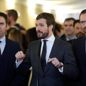 Los diputados del PP, Pablo Casado, Javier Maroto (d) y Teodoro García Egea (i) hace declaraciones a los medios a su llegada al Congreso de los Diputados.