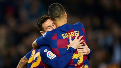 Luis Su&aacute;rez y Leo Messi celebran un gol del Bar&ccedil;a