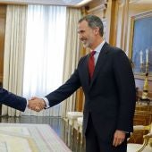 El rey Felipe VI saluda al líder del Partido Socialista PSOE, Pedro Sánchez