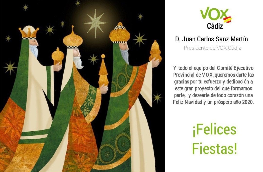 Vox Cádiz levanta la polémica con una felicitación de Navidad con los tres Reyes Magos blancos Vox Cádiz levanta la polémica con una felicitación de Navidad con los tres Reyes Magos blancos