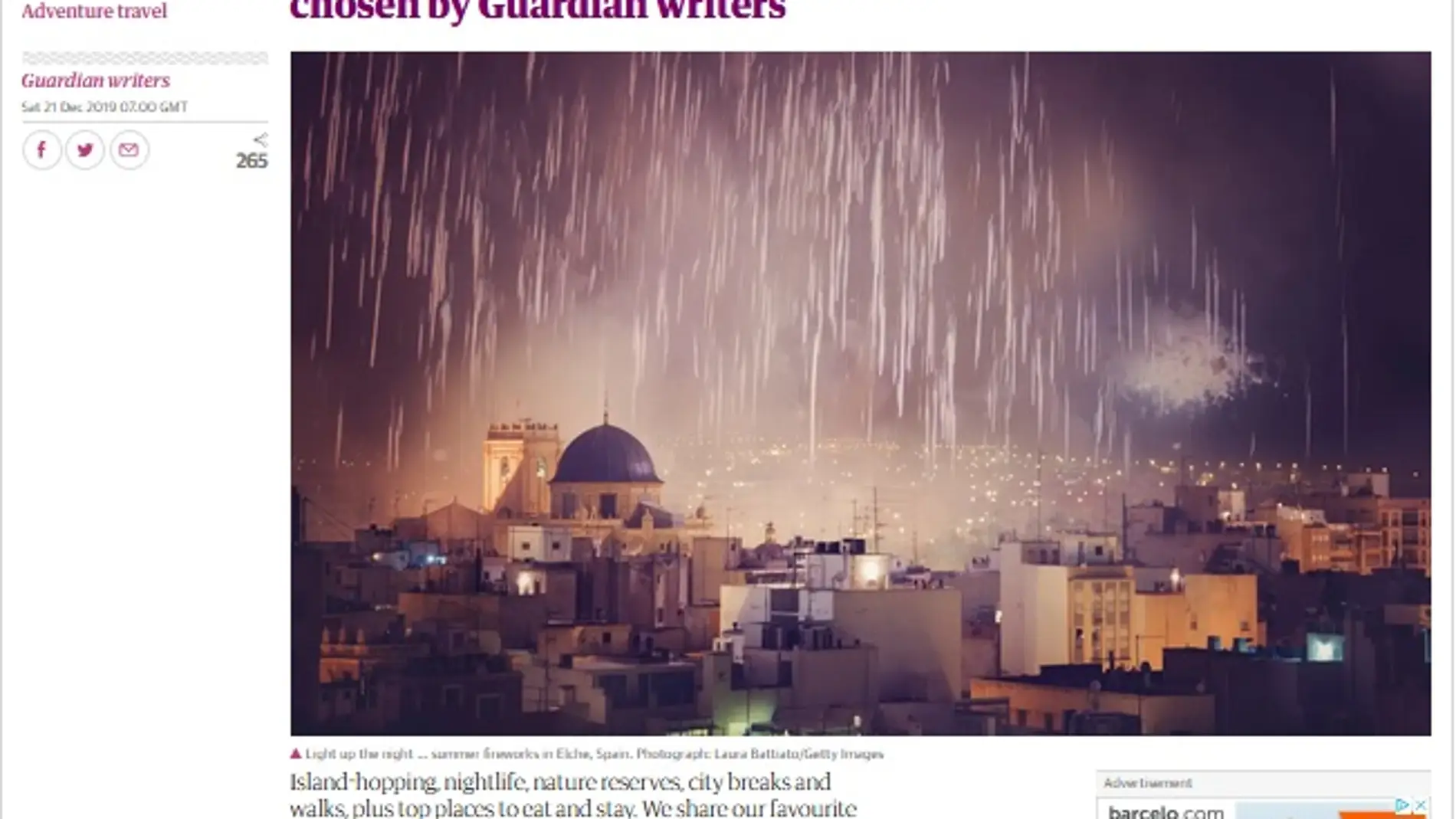 Página de The Guardian en la que se hace referencia a Elche.