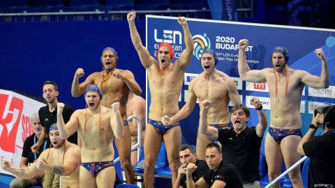 Los jugadores de la selecci&oacute;n espa&ntilde;ola de waterpolo, en el Europeo de Budapest