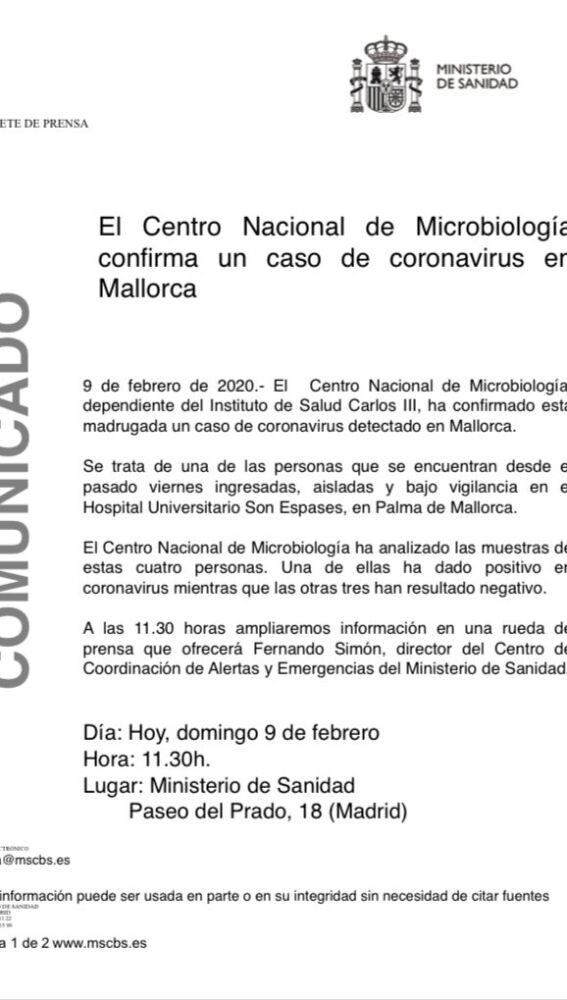 Comunicado del Ministerio de Sanidad 