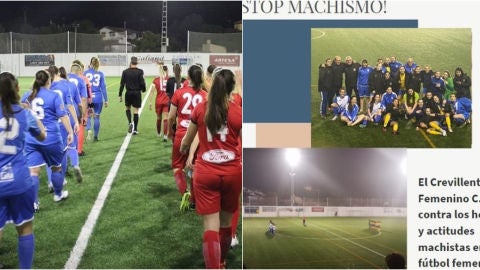 Los jugadores del Crevillente Femenino y el comunicado del club