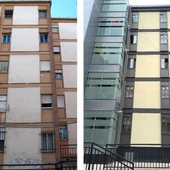 Edificio de viviendas rehabilitado. Fachada principal norte. Original (izquierda) Rehabilitado (derecha). Autor: Sheila Varela Luján. Edificio de viviendas rehabilitado. Fachada principal norte. Original (izquierda) Rehabilitado (derecha). Autor: Sheila Varela Luján.