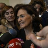Carmen Calvo atendiendo a los medios de comunicación en Ciudad Real