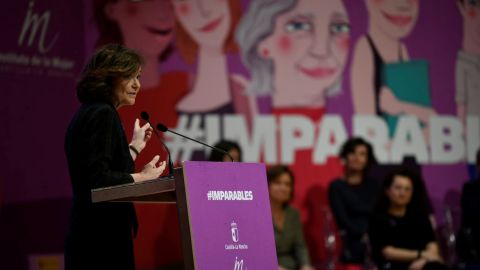 Carmen Calvo durante su intervenci&oacute;n en Ciudad Real con motivo del acto institucional del 8M