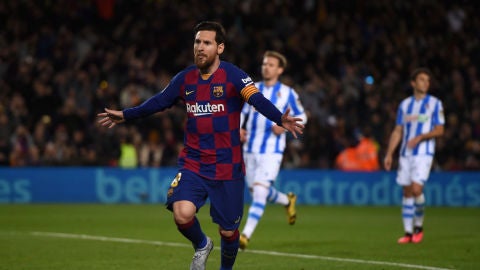 Leo Messi celebra el tanto ante la Real Sociedad