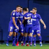 Los jugadores del Leganés celebran el gol de Óscar Rodríguez