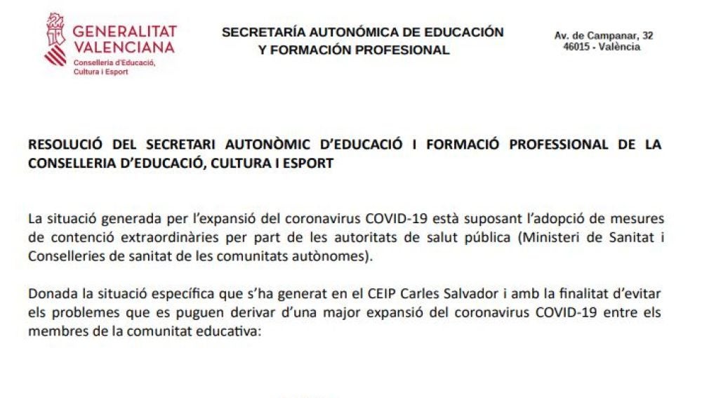 Generalitat cierra el Colegio Público Carles Salvador de Castellón. 