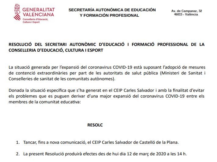 El CEIP Carles Salvador de Castelló suspende sus clases hasta nuevo aviso El CEIP Carles Salvador de Castelló suspende sus clases hasta nuevo aviso