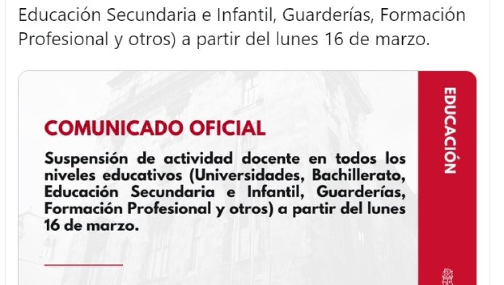 Tuit de la Generalitat Valenciana confirmando la suspensión de las clases.