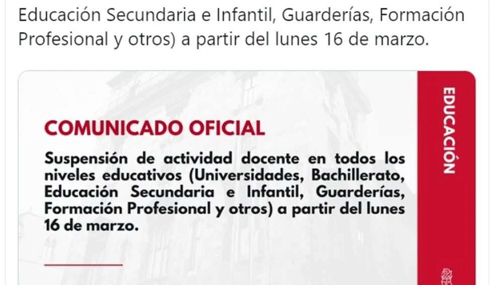 Tuit de la Generalitat Valenciana confirmando la suspensión de las clases.