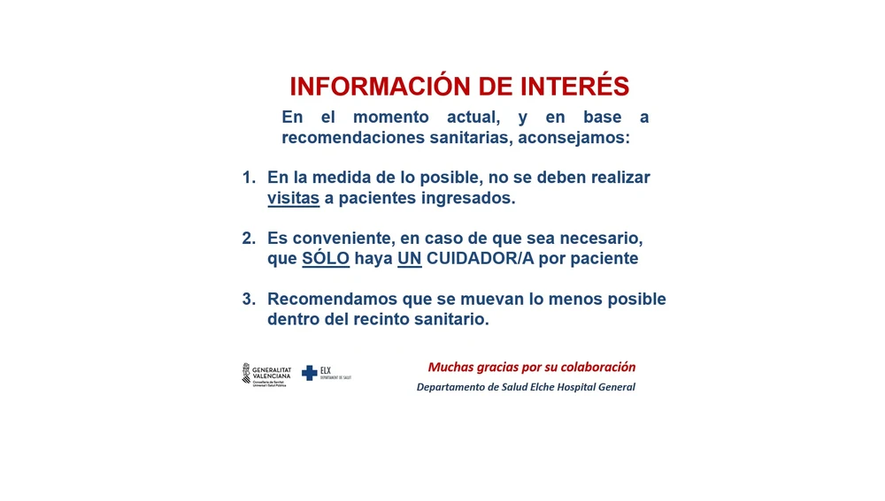 Cartel informativo para las visitas en el Hospital General Universitario de Elche.