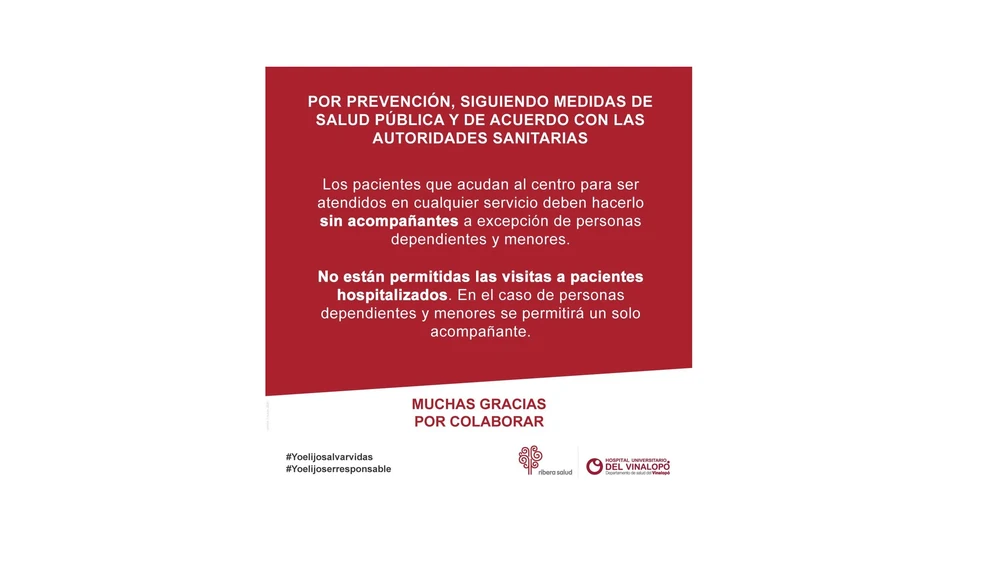 Cartel informativo para las visitas en el Hospital Universitario del Vinalopó de Elche.