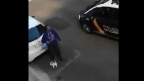 Un hombre pasea con su perro de peluche por la calle