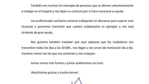 Parte de la carta difundida por los sanitarios del Hospital General de Elche.