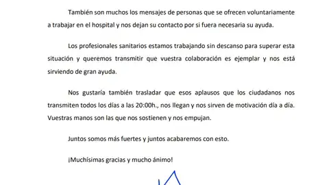 Parte de la carta difundida por los sanitarios del Hospital General de Elche. Parte de la carta difundida por los sanitarios del Hospital General de Elche.