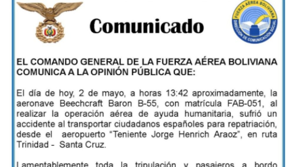 Comunicado de las Fuerzas Aéreas de Bolivia
