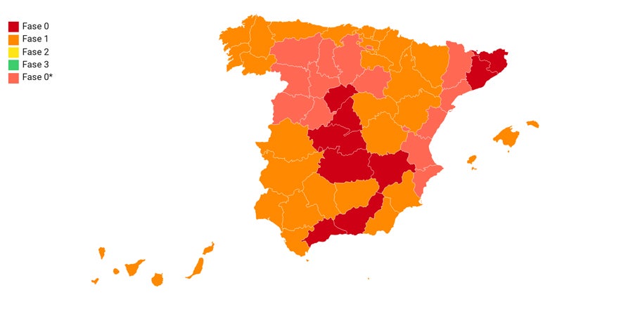 Esta es la lista de provincias de España que pasan a la fase 1 del plan de desescalada Esta es la lista de provincias de España que pasan a la fase 1 del plan de desescalada