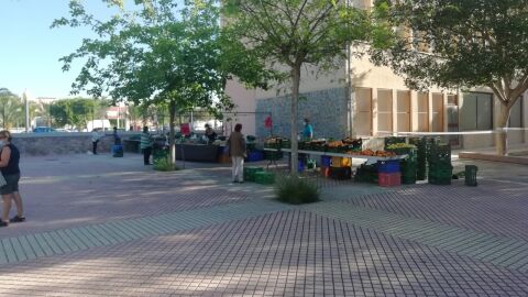 Puestos del mercadillo de San Crisp&iacute;n de Elche en el CP Eugeni d'Ors.