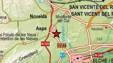Mapa del terremoto registrado con epicentro en Aspe. Mapa del terremoto registrado con epicentro en Aspe.