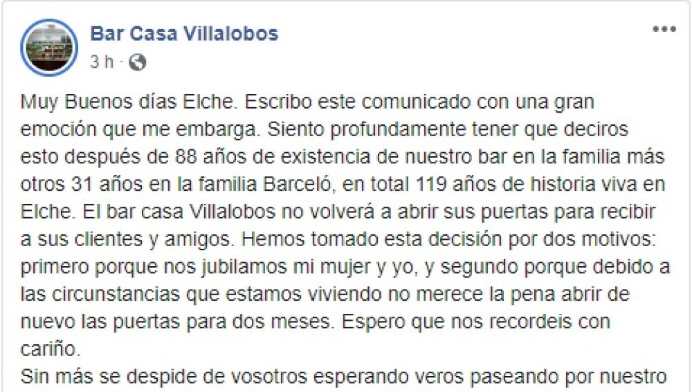 Mensaje anunciando el cierre del Bar Casa Villalobos de Elche.