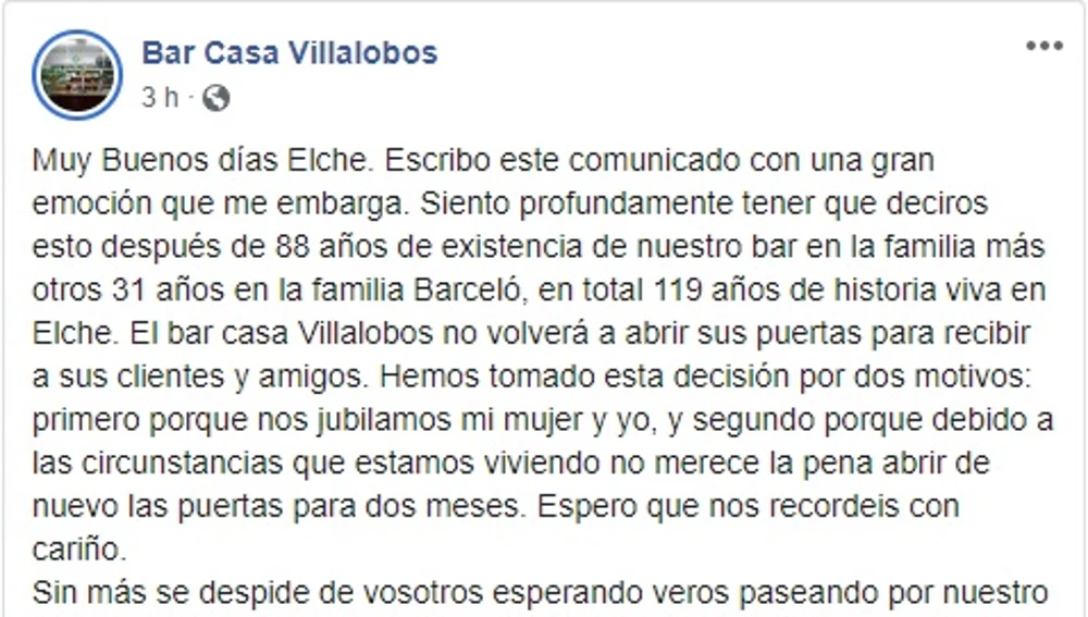 Mensaje anunciando el cierre del Bar Casa Villalobos de Elche. Mensaje anunciando el cierre del Bar Casa Villalobos de Elche.