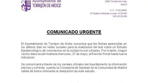 Comunicado test Torrejón ok test