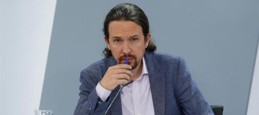 El vicepresidente tercero del Gobierno, Pablo Iglesias, durante la rueda de prensa El vicepresidente tercero del Gobierno, Pablo Iglesias, durante la rueda de prensa