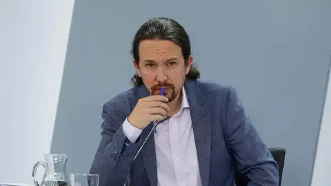 El vicepresidente tercero del Gobierno, Pablo Iglesias, durante la rueda de prensa El vicepresidente tercero del Gobierno, Pablo Iglesias, durante la rueda de prensa