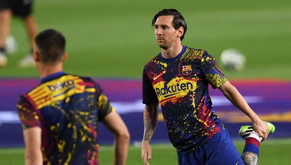Leo Messi en un calentamiento del FC Barcelona