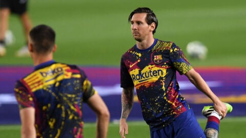 Leo Messi en un calentamiento del FC Barcelona