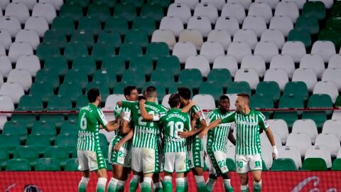 Los jugadores del Betis celebran un tanto en el Benito Villamar&iacute;n.