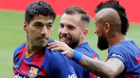 Luis Suárez celebra uno de sus goles con el Barcelona. Luis Suárez celebra uno de sus goles con el Barcelona.