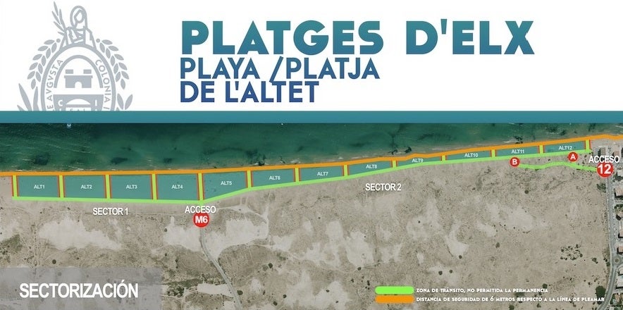 La división en sectores llega a las playas de Elche y reduce su aforo a un máximo de 28.000 bañistas La división en sectores llega a las playas de Elche y reduce su aforo a un máximo de 28.000 bañistas