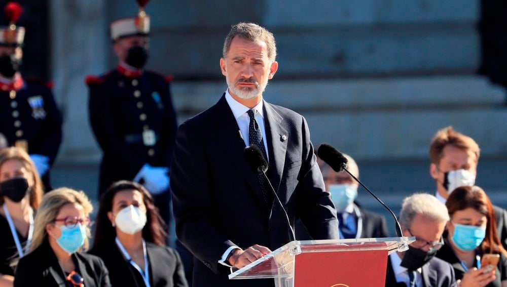 El rey Felipe VI, durante su discurso en el homenaje de Estado por el coronavirus