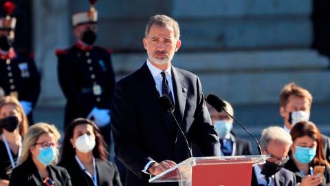 El rey Felipe VI, durante su discurso en el homenaje de Estado por el coronavirus