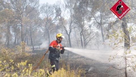 Bombero en el incendio forestal de Mon&oacute;var.